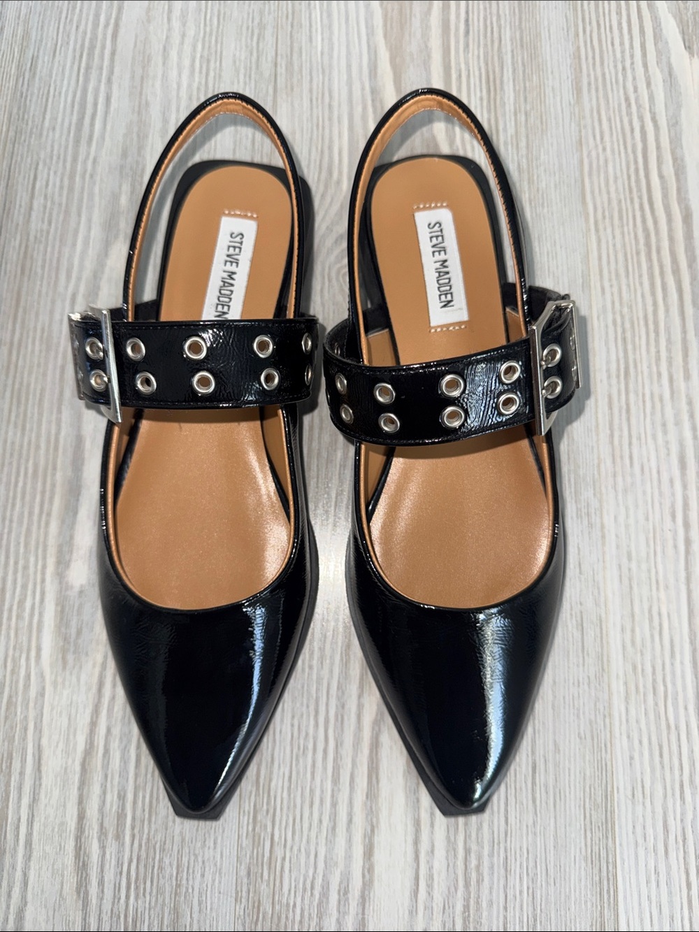 Steve Madden Black Patent Pointed Slingback Mules w/Grommet Strap, New w/o Tags